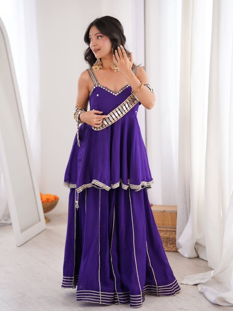 Premium Soft Chinon Mirror Work Palazzo Set With Designer Belt
