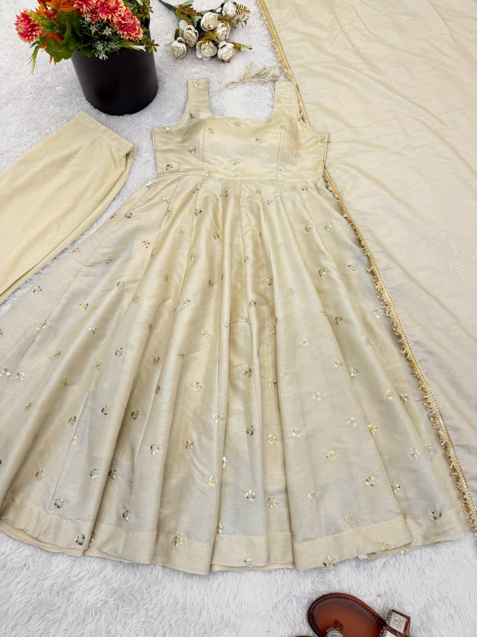 Cosmos Gold With Embroidery Work Gown