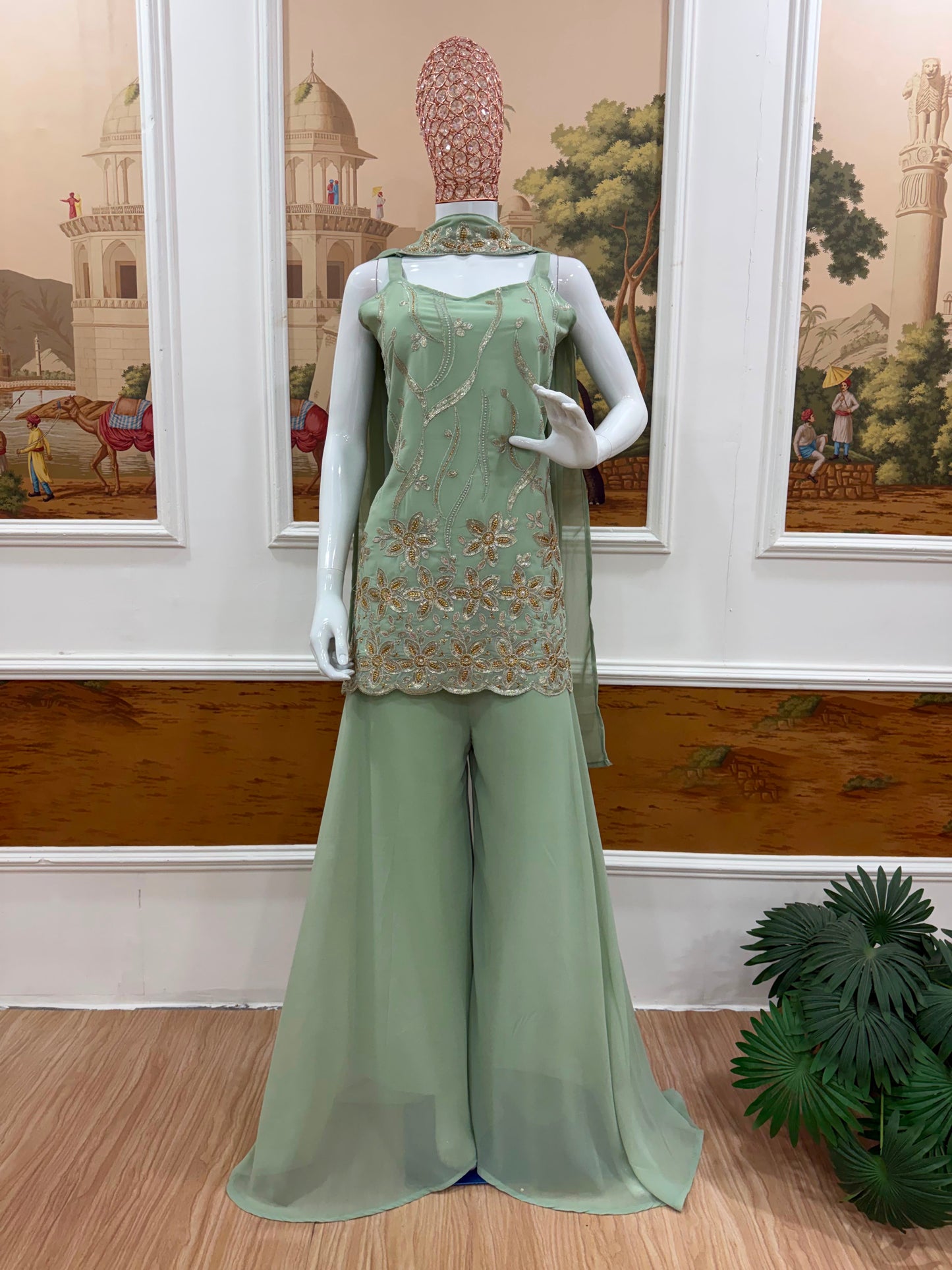 Premium Faux Georgette Embroidered Palazzo Set With Dupatta