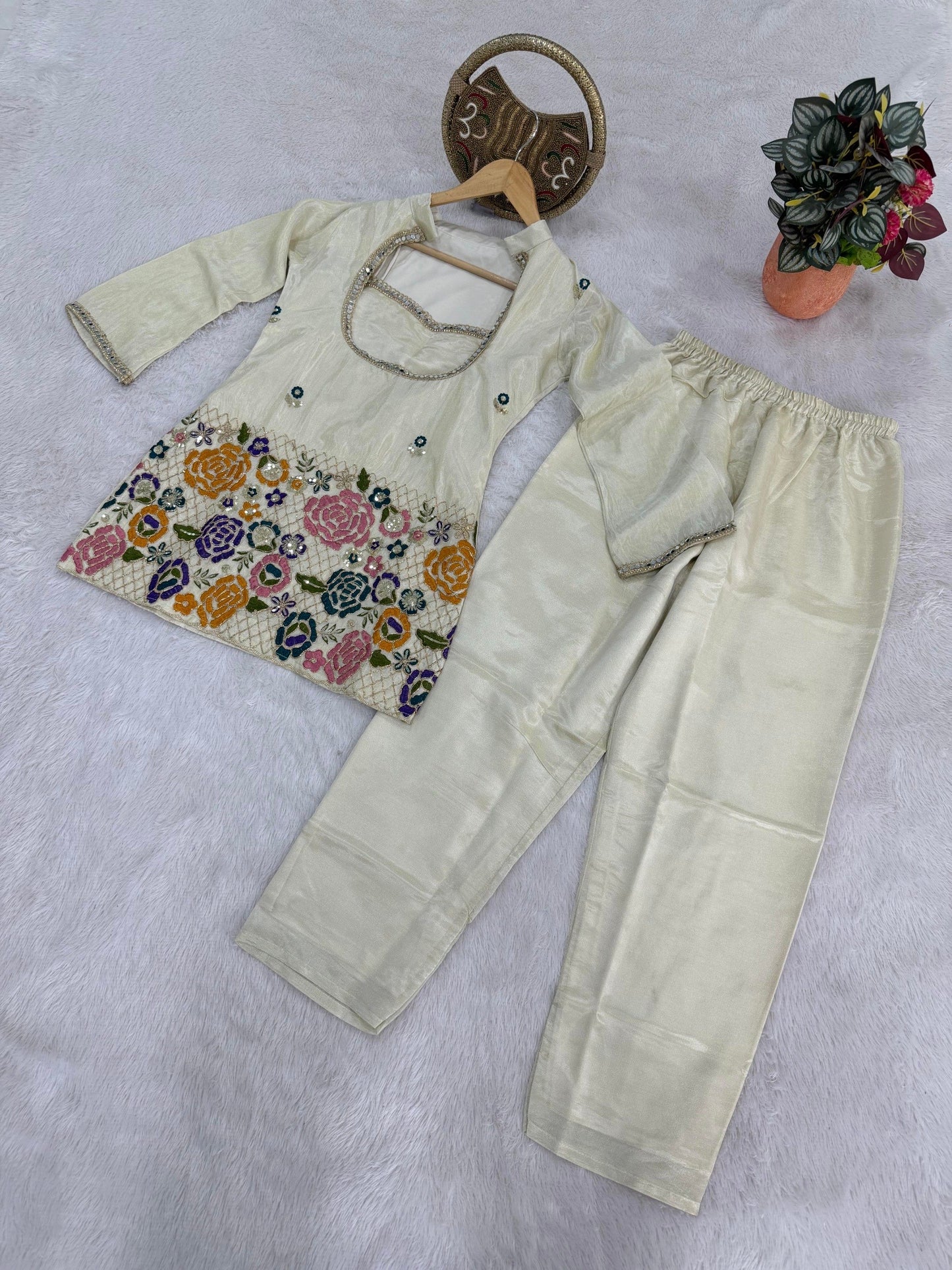 Premium Tissue Shimmer Silk Mirror Work Co-Ord Set