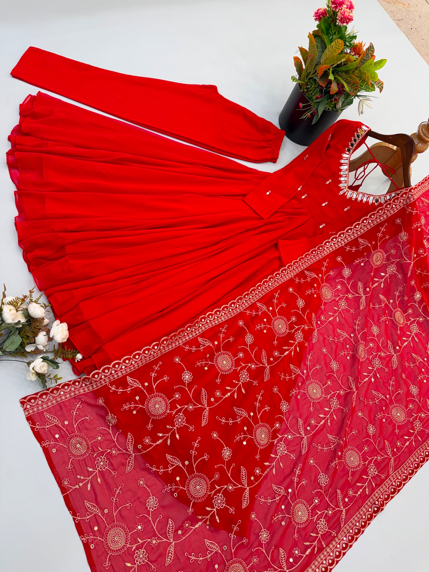 Premium Faux Georgette Khatli Mirror Work Anarkali Set With Dupatta