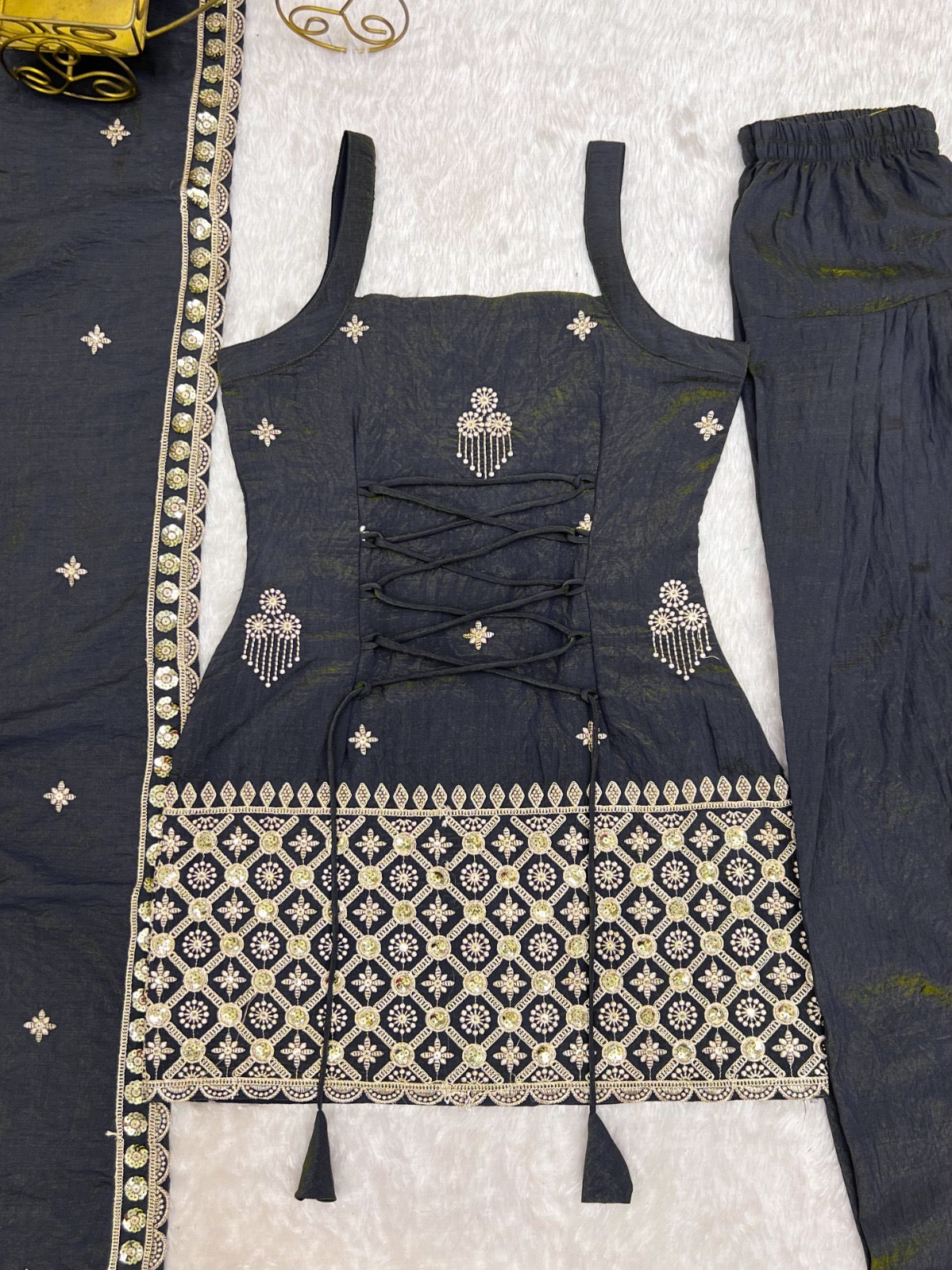 Premium NC Vichitra Silk Embroidered Farshi Shalwar Suit Set With Dupatta