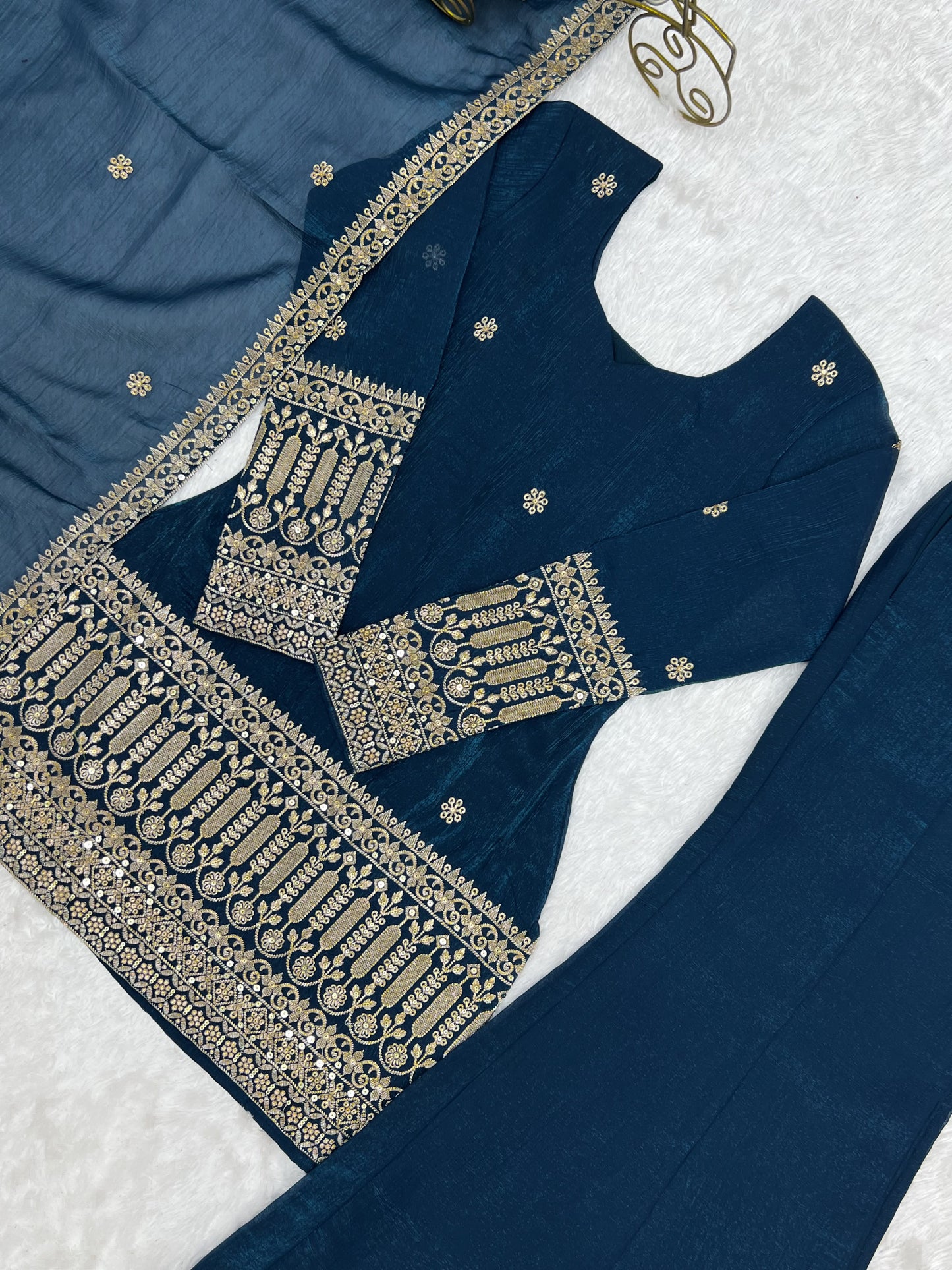 Teal Blue Crunchy Silk Embroidered Kurta Set with Bell Bottom Pant and Dupatta