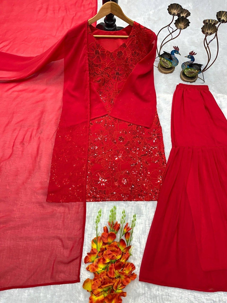 Designer Party Wear Heavy Fox Georgette Top, Palazzo & Dupatta Set