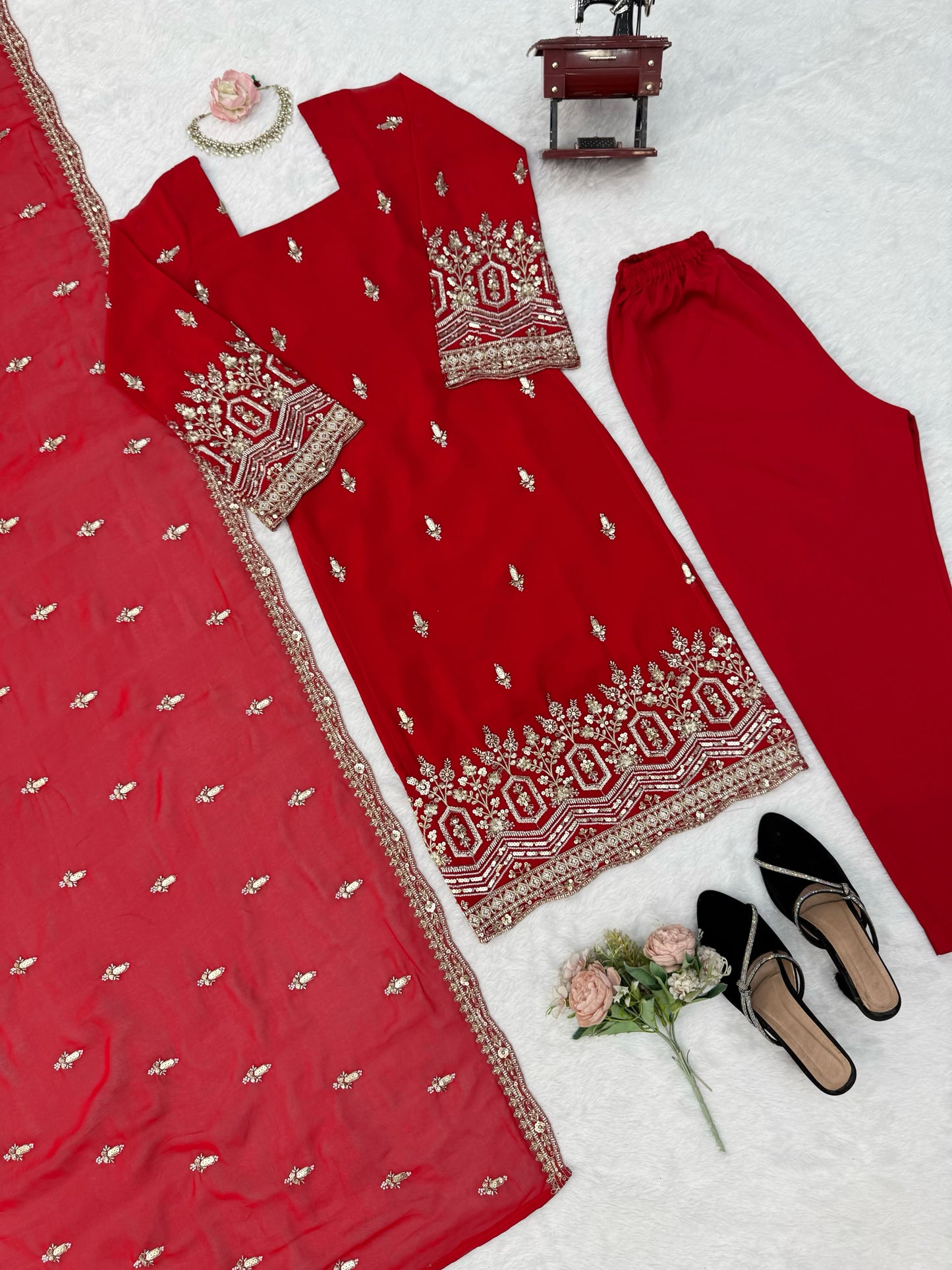 Premium Faux Georgette Beads Sequence Thread Work Suit Set With Dupatta