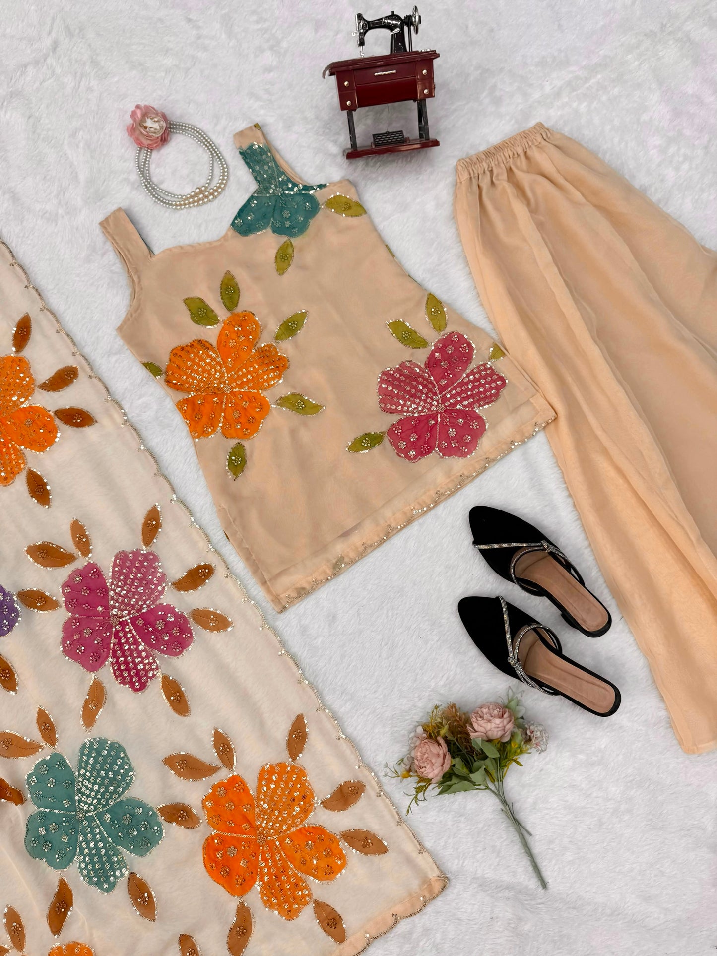Premium Tibby Organza Silk Brush Print Palazzo Set With Dupatta