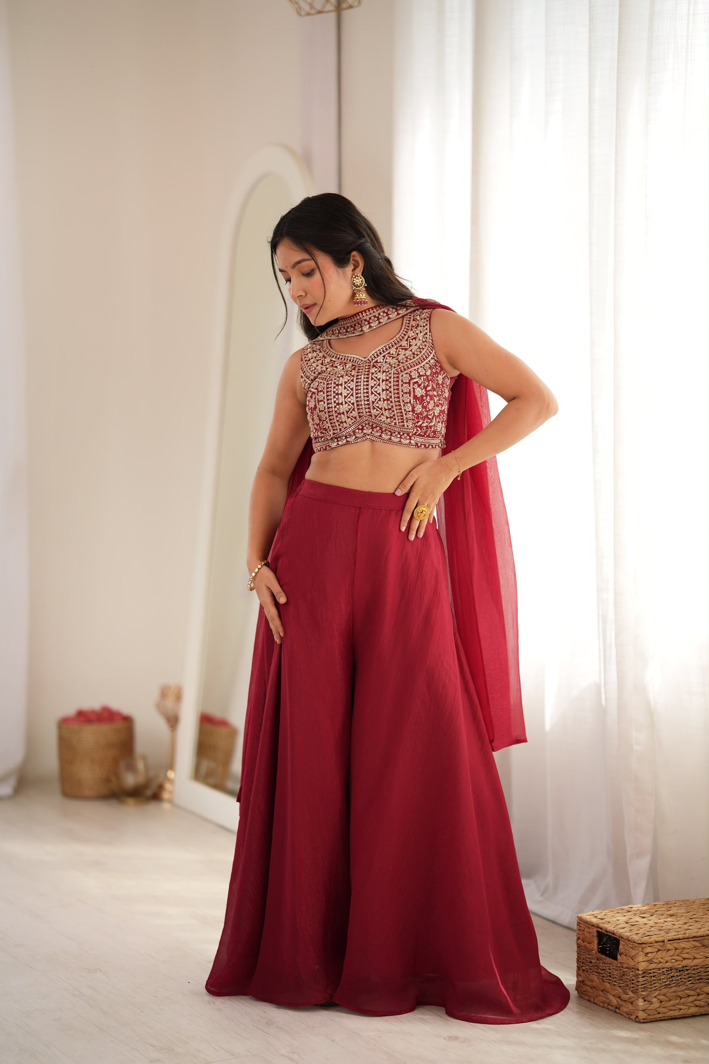 Designer Indo-Western Crunchy Silk Crop Top Palazzo Set