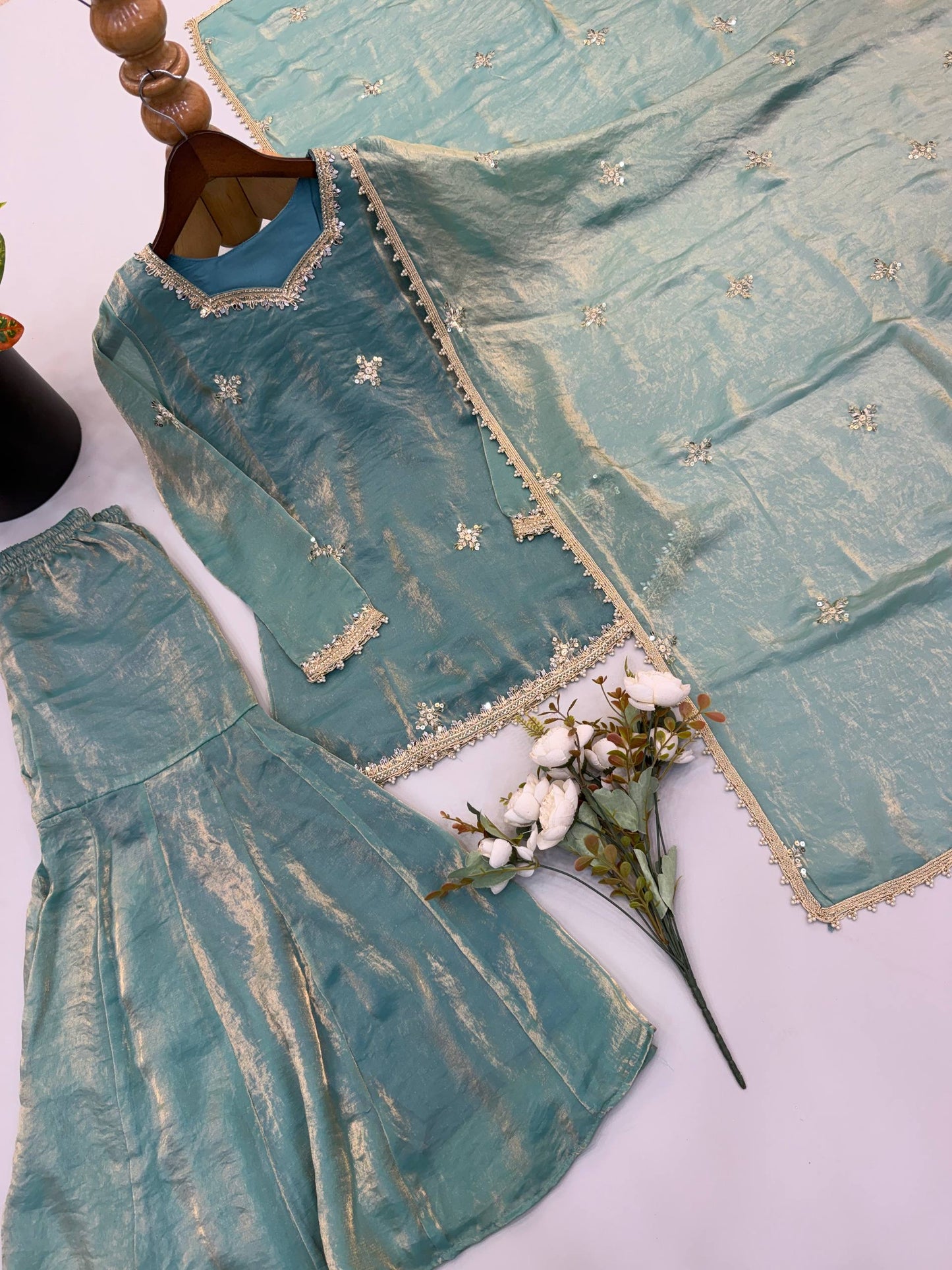 Fendy Silk Embroidery Sequence & Real Mirror Work Sharara Set With Dupatta