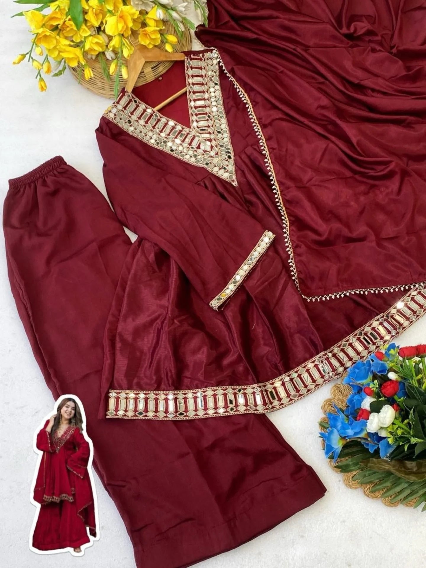 Premium Soft Chinon Mirror Work Palazzo Set With Dupatta
