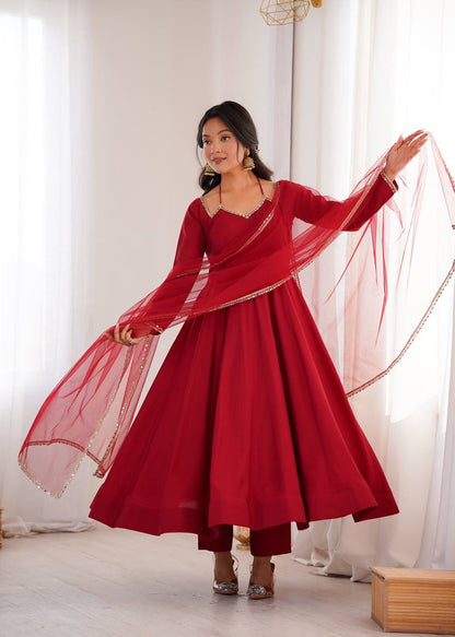 Roman Silk Chanderi Anarkali, Pant & Dupatta Set