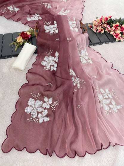 Premium Zimi Chu Sequence Work Saree With Satin Silk Blouse