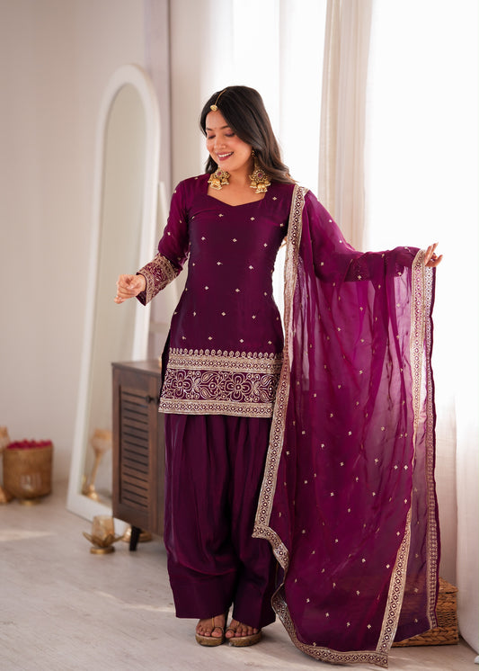 Wine Heavy Fendy Silk Embroidered Kurta Set with Farshi Shalwar and Dupatta