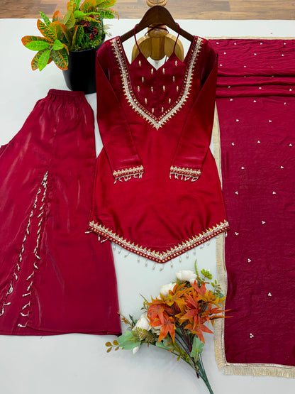Roman Glass Real Mirror Work Top With Plazzo & Chanderi Silk Dupatta Set