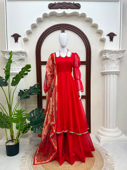 Premium Tabby Silk Mirror Lace Anarkali Set With Digital Printed Dupatta