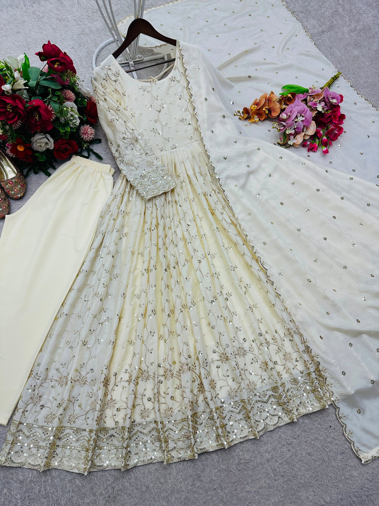 Premium Chinon Silk Embroidered Gown Set With Micro Silk Pant & Dupatta