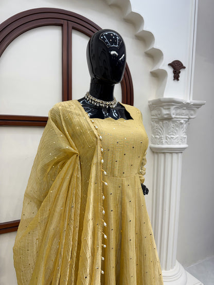 Premium Salsa Silk Foil Work Gown Set With Pant & Dupatta