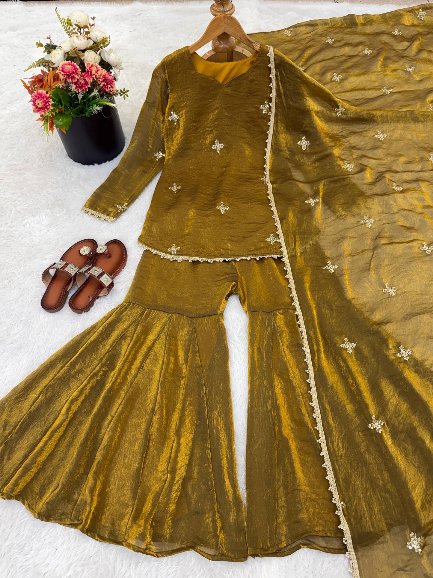 Premium Fendy Silk Embroidered Sharara Palazzo Set With Dupatta