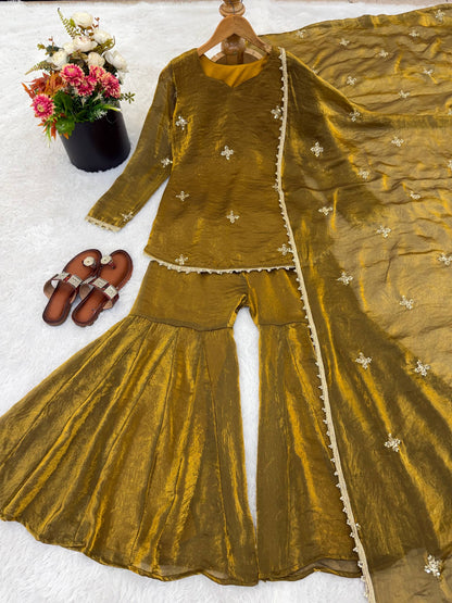 Premium Fendy Silk Embroidered Sharara Palazzo Set With Dupatta
