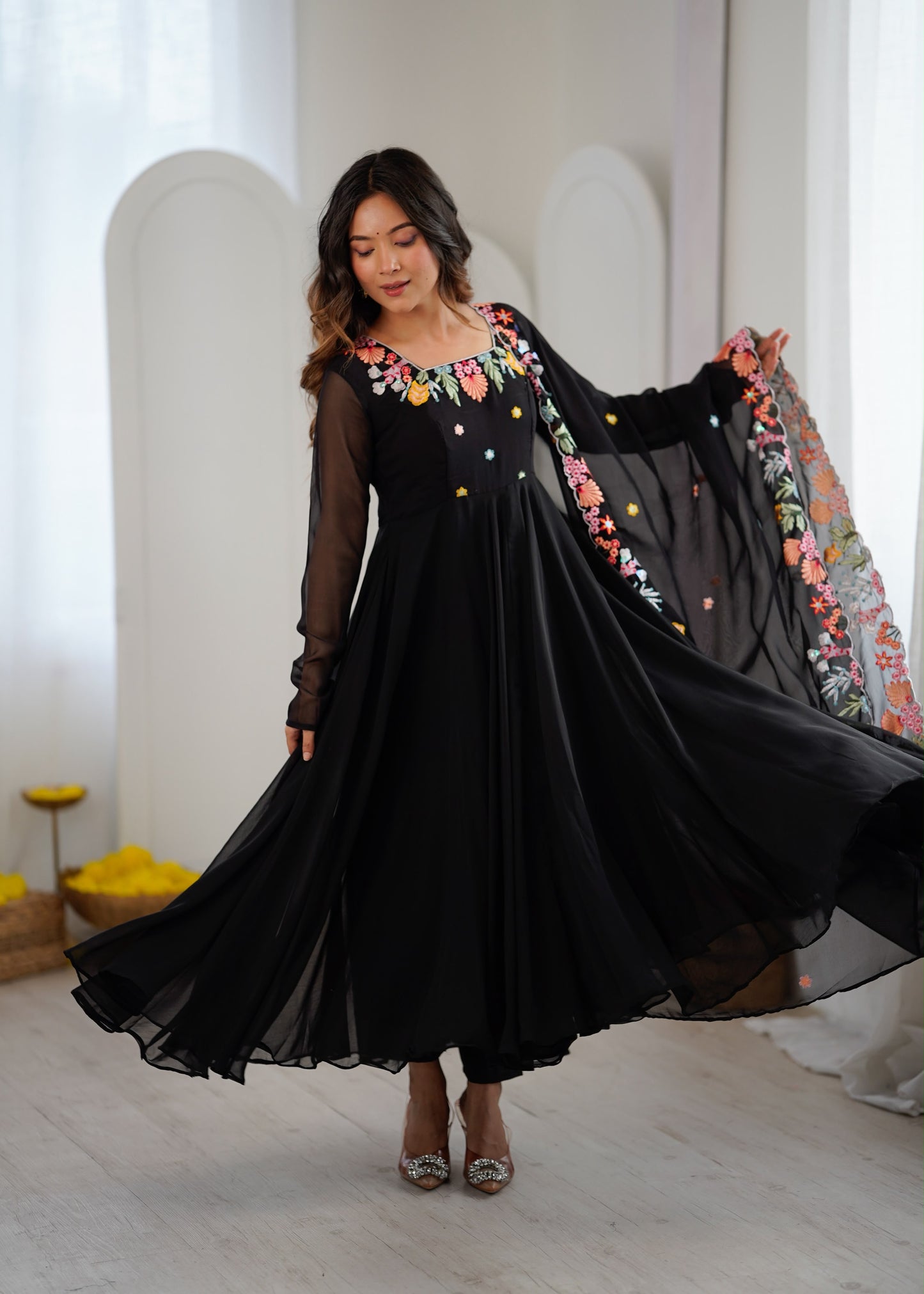 Designer Faux Georgette Embroidered Gown with Pant and Dupatta Set