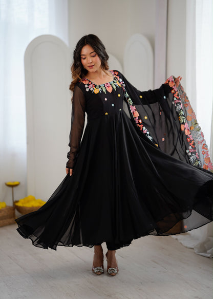 Designer Faux Georgette Embroidered Gown with Pant and Dupatta Set