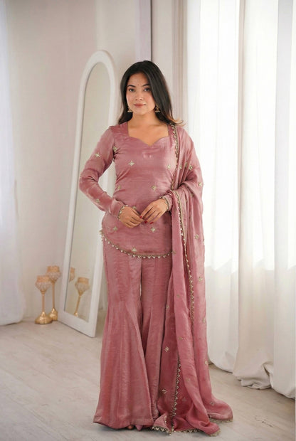 Premium Fendy Silk Embroidered Sharara Palazzo Set With Dupatta