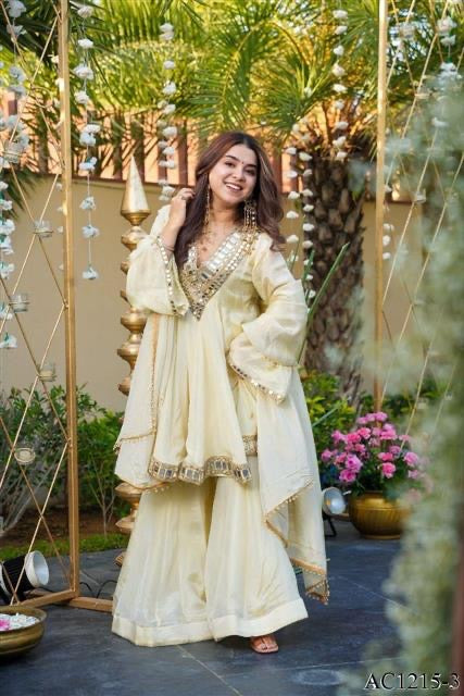 Premium Soft Chinon Mirror Work Palazzo Set With Dupatta