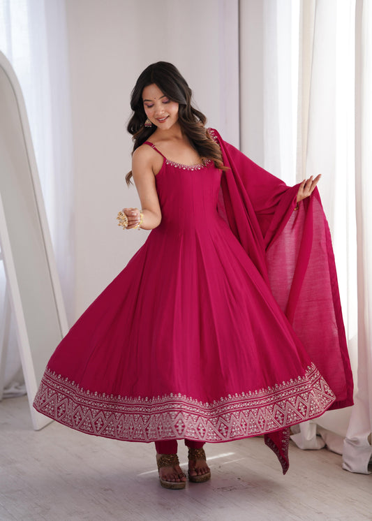 PURE ROMANSILK CHANDERI FABRIC FULLY FLARE ANARKALI