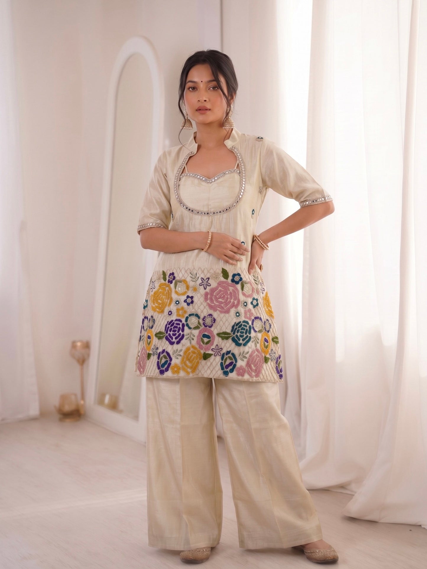 Premium Tissue Shimmer Silk Mirror Work Co-Ord Set