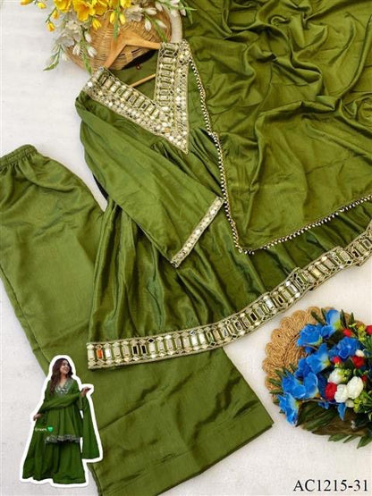 Premium Soft Chinon Mirror Work Palazzo Set With Dupatta
