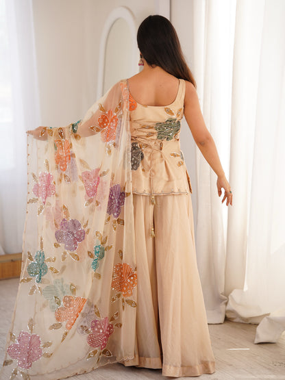 Premium Tibby Organza Silk Brush Print Palazzo Set With Dupatta