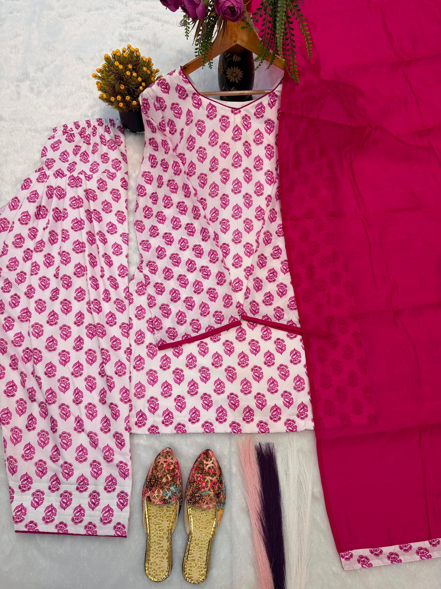 Heavy Pure Cambric Cotton Kurta Set with Farshi Pant and Dupatta