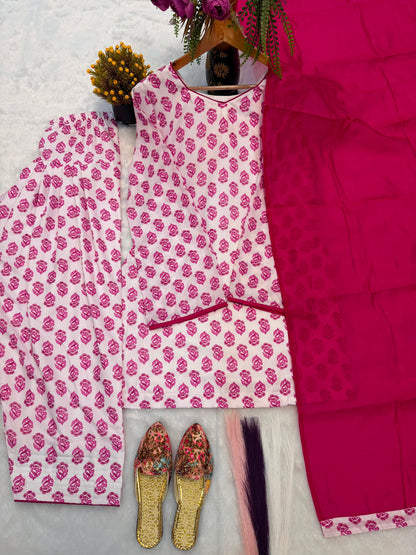 Heavy Pure Cambric Cotton Kurta Set with Farshi Pant and Dupatta