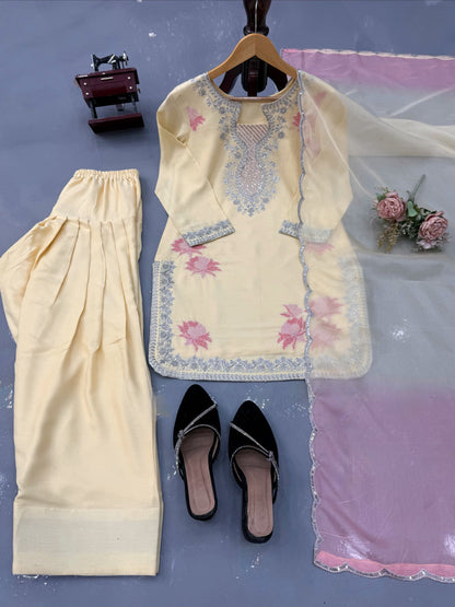 Premium Heavy Rayon Thread & Sequence Farshi Palazzo Set With Tibby Silk Dupatta