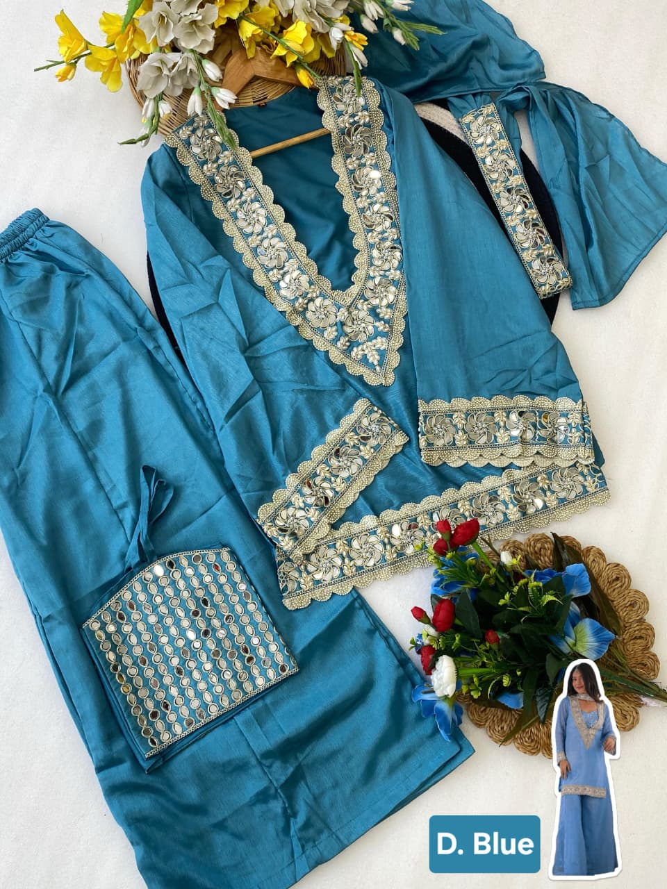 Premium Chinon 4 Piece Sharara Suit Set With Mirror