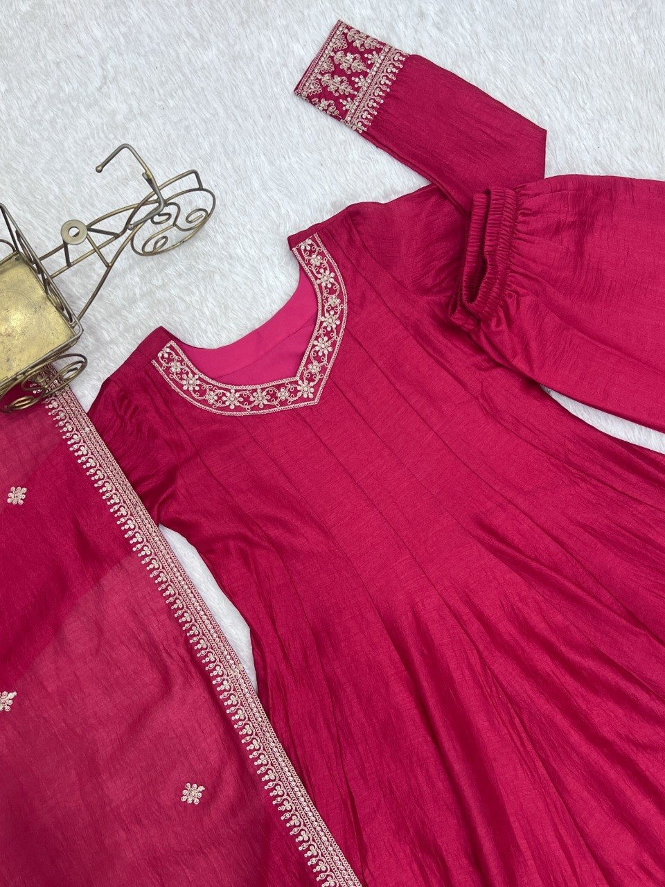 Blooming Vichitra Silk Anarkali, Pant & Dupatta Set