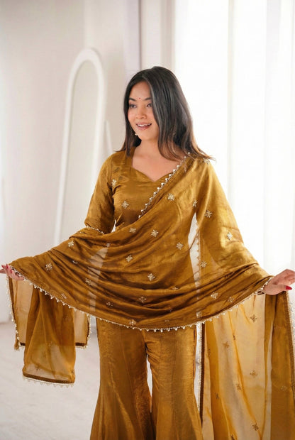 Premium Fendy Silk Embroidered Sharara Palazzo Set With Dupatta