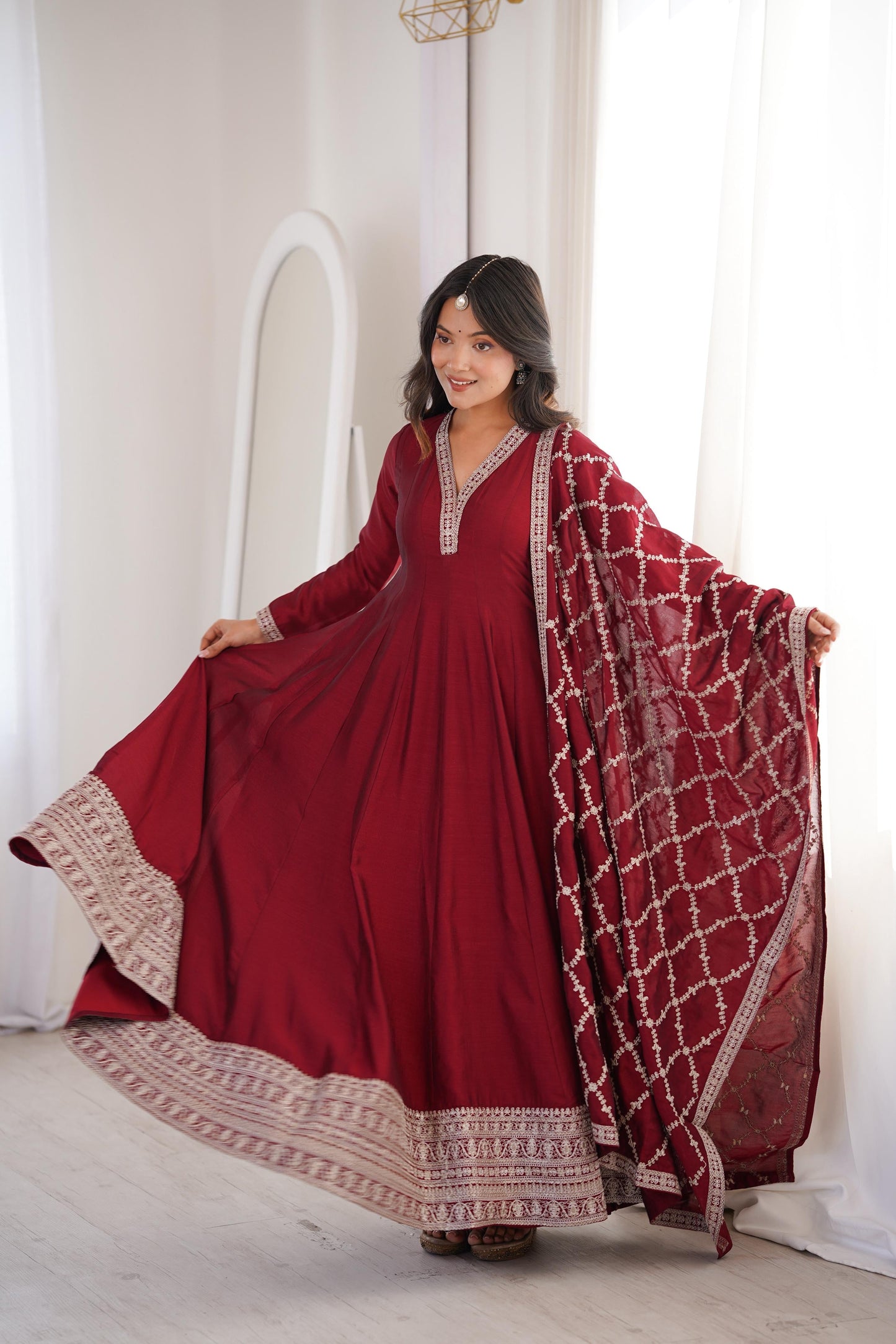 Premium Blooming Vichitra Silk Anarkali Gown Set with Dupatta