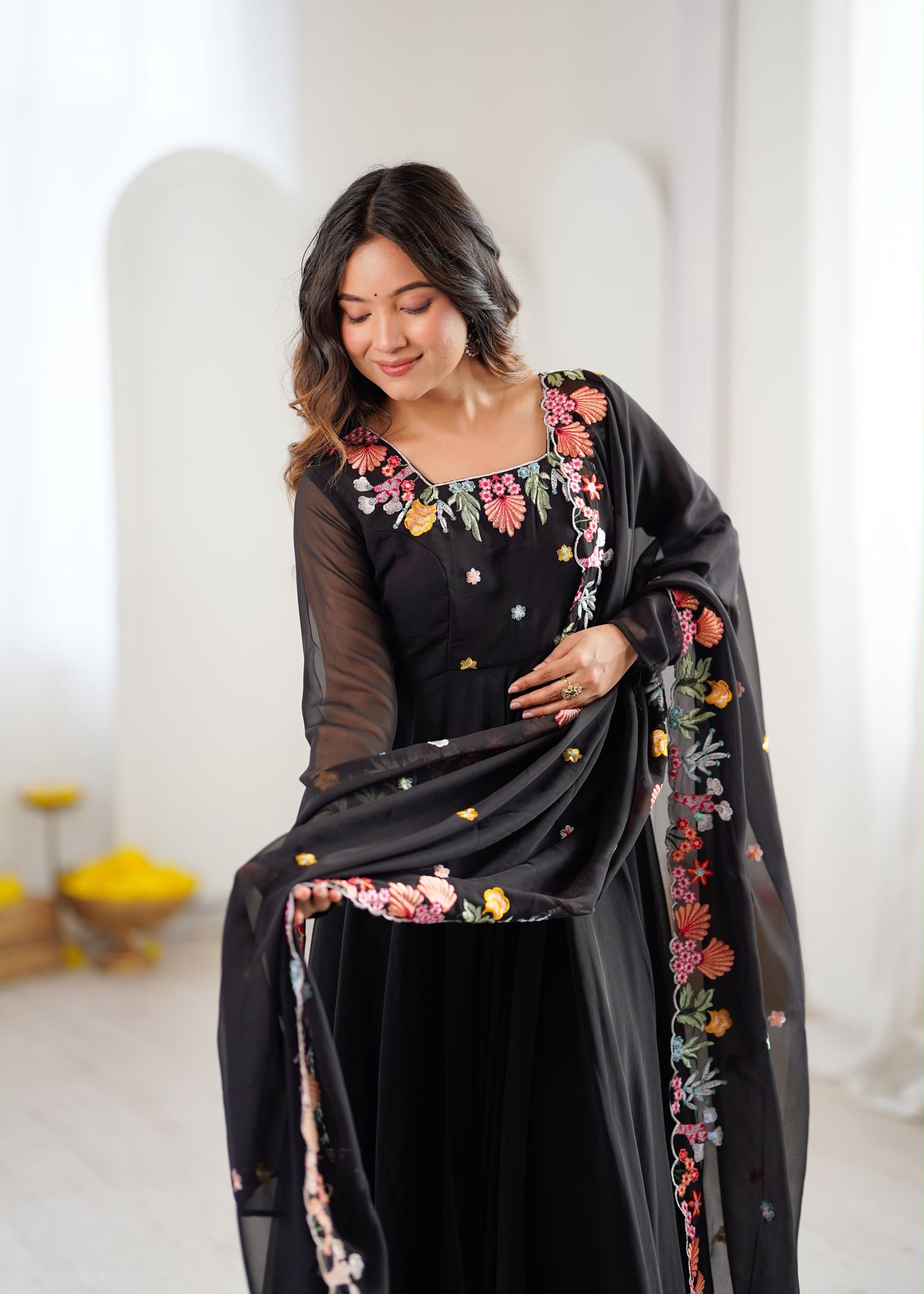 Designer Faux Georgette Embroidered Gown with Pant and Dupatta Set
