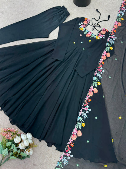 Designer Faux Georgette Embroidered Gown with Pant and Dupatta Set
