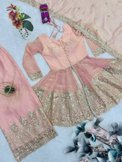 Fendy Satin Silk Gown Sharara Set with Mirror Work