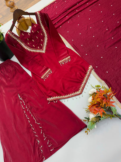 Roman Glass Real Mirror Work Top With Plazzo & Chanderi Silk Dupatta Set