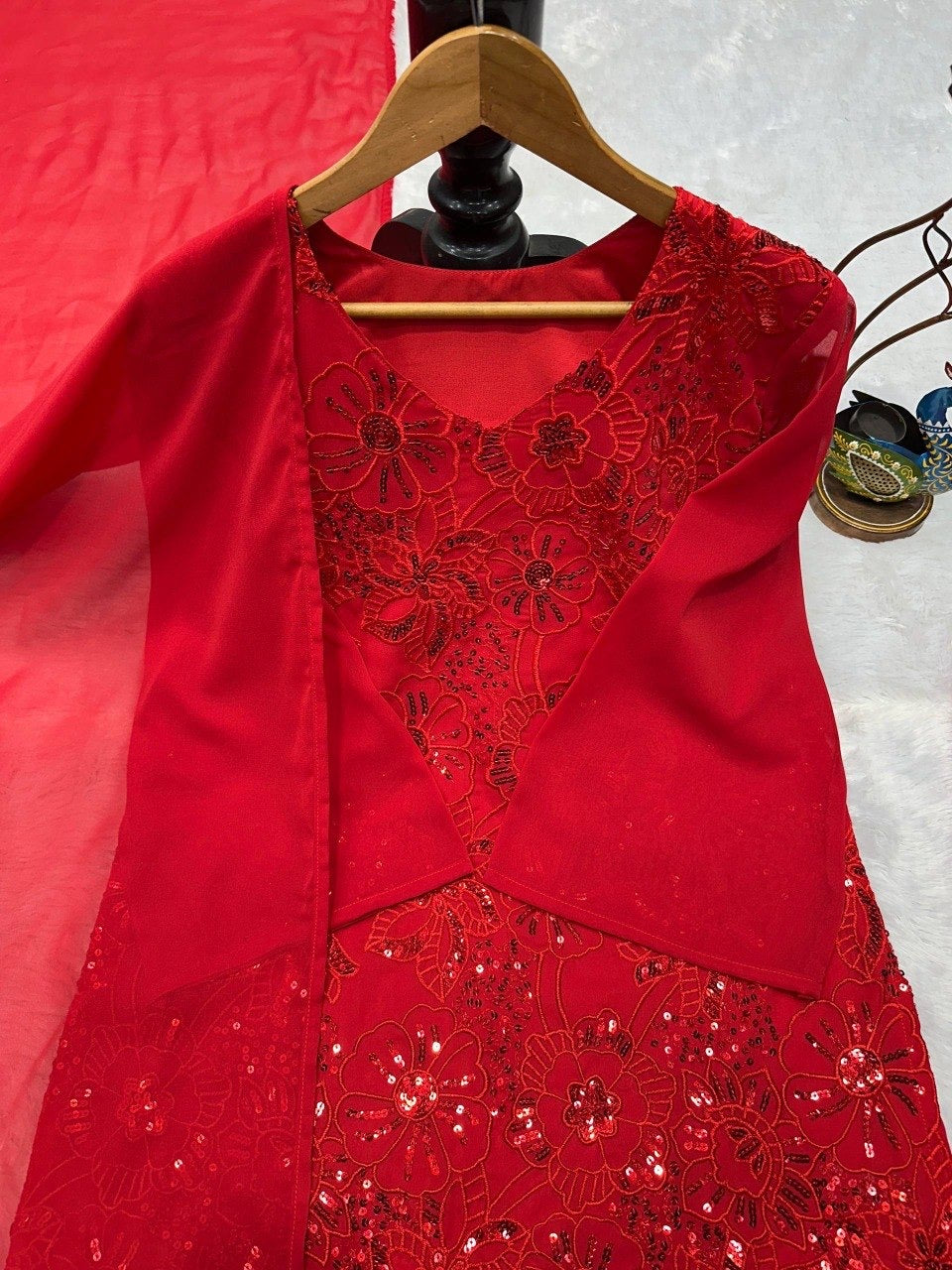 Designer Party Wear Heavy Fox Georgette Top, Palazzo & Dupatta Set