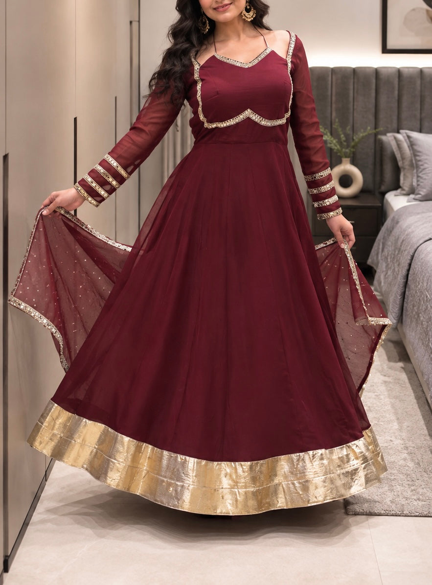 Premium Silver Crunchy Mirror Lace Gown With Designer Dupatta
