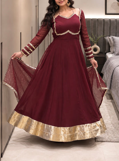 Premium Silver Crunchy Mirror Lace Gown With Designer Dupatta