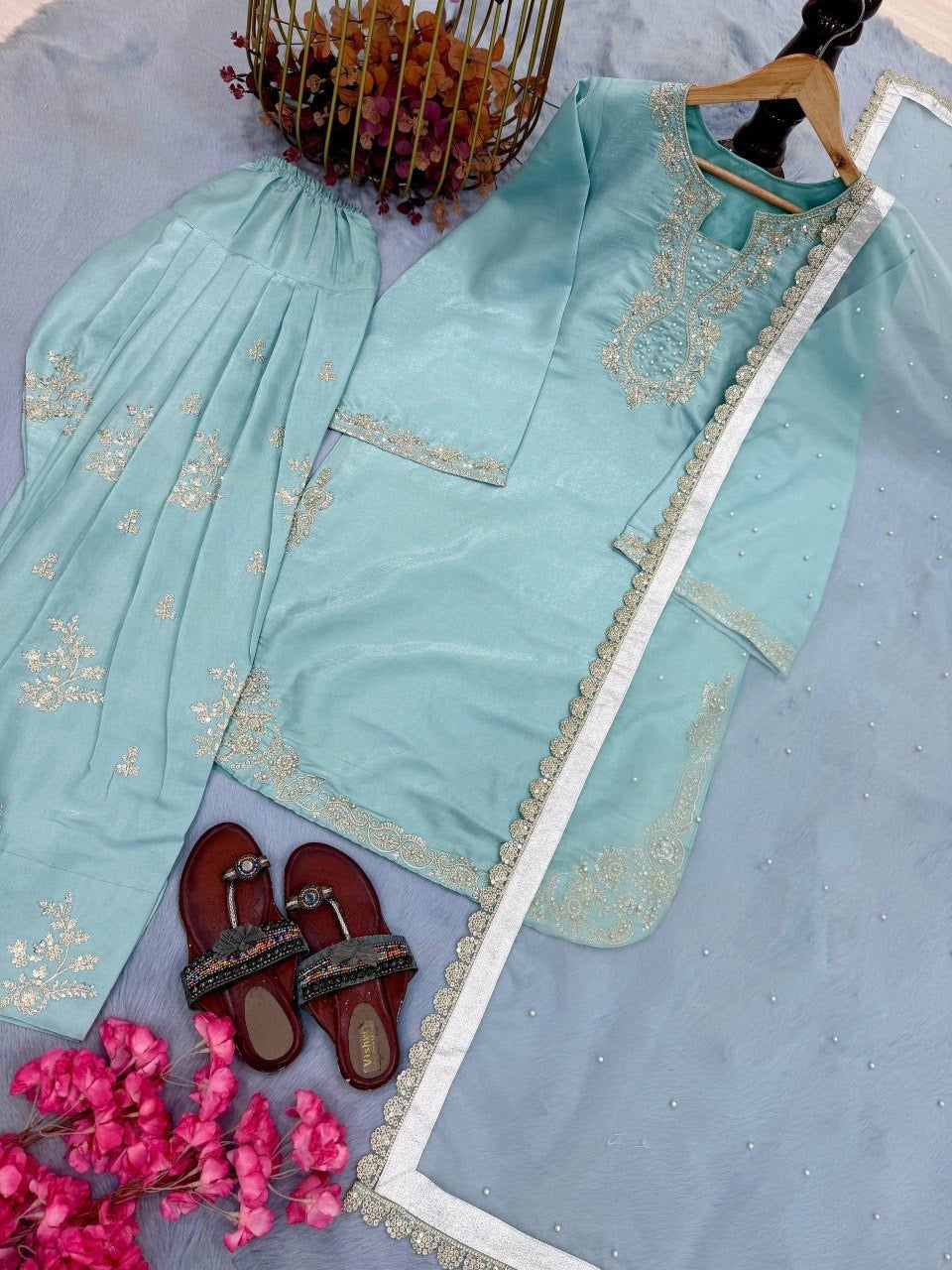 Designer Party Wear Look Pur Glass Satin Top & Farshi Palazzo With Dupatta
