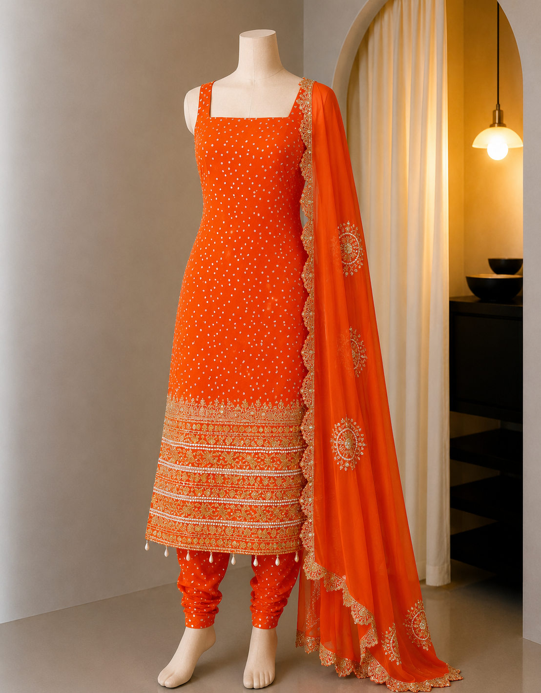 Premium Bandhani Faux Georgette Mirror Work Kurti Set With Churidar & Dupatta