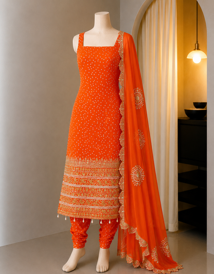 Premium Bandhani Faux Georgette Mirror Work Kurti Set With Churidar & Dupatta
