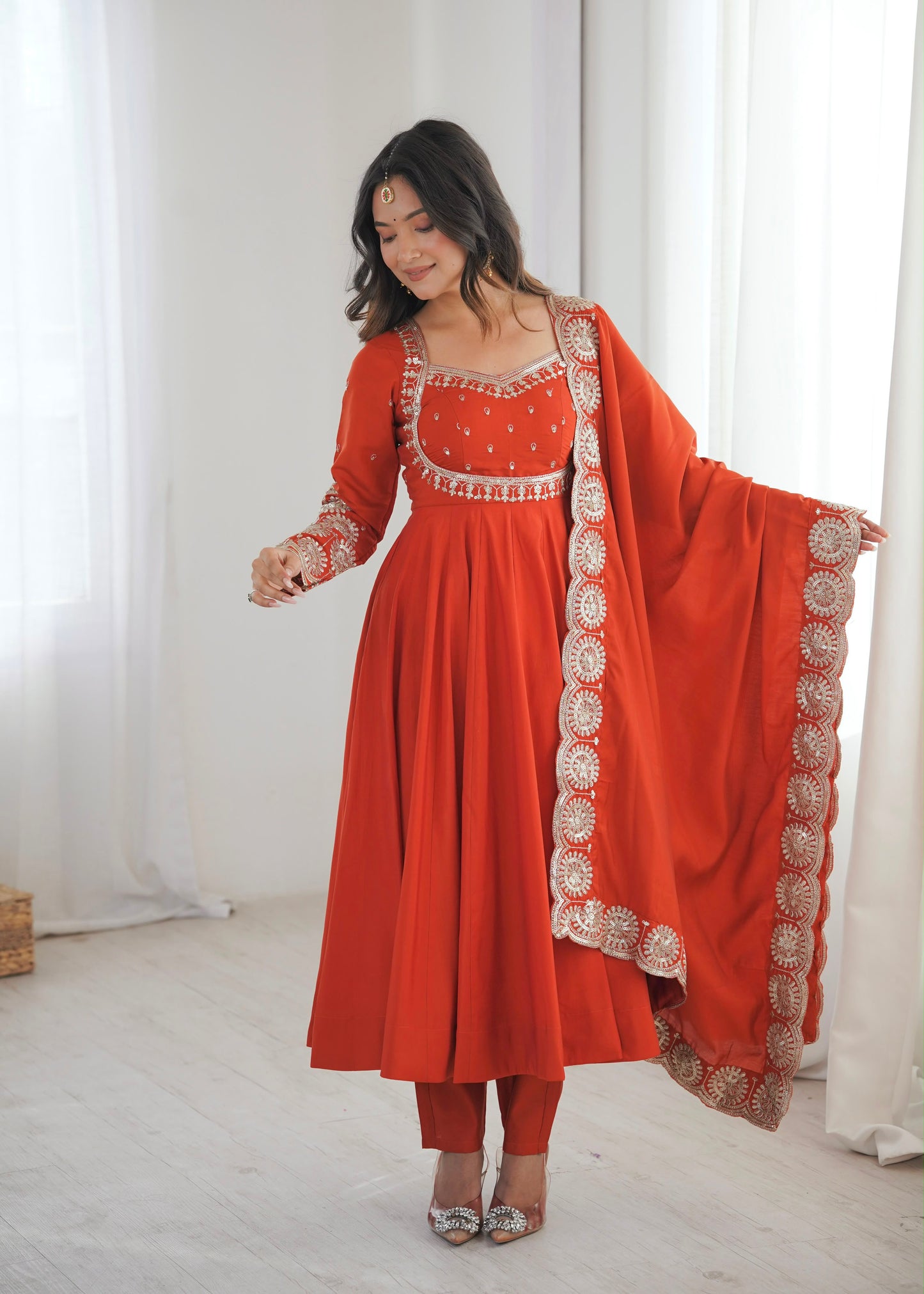 Premium Roman Silk Embroidered Anarkali Set With Chanderi Dupatta