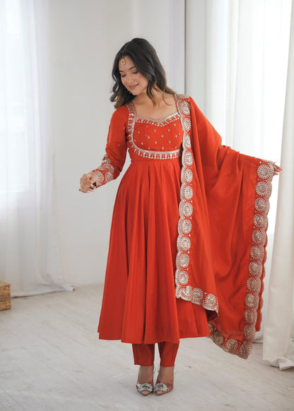 Premium Roman Silk Embroidered Anarkali Set With Chanderi Dupatta