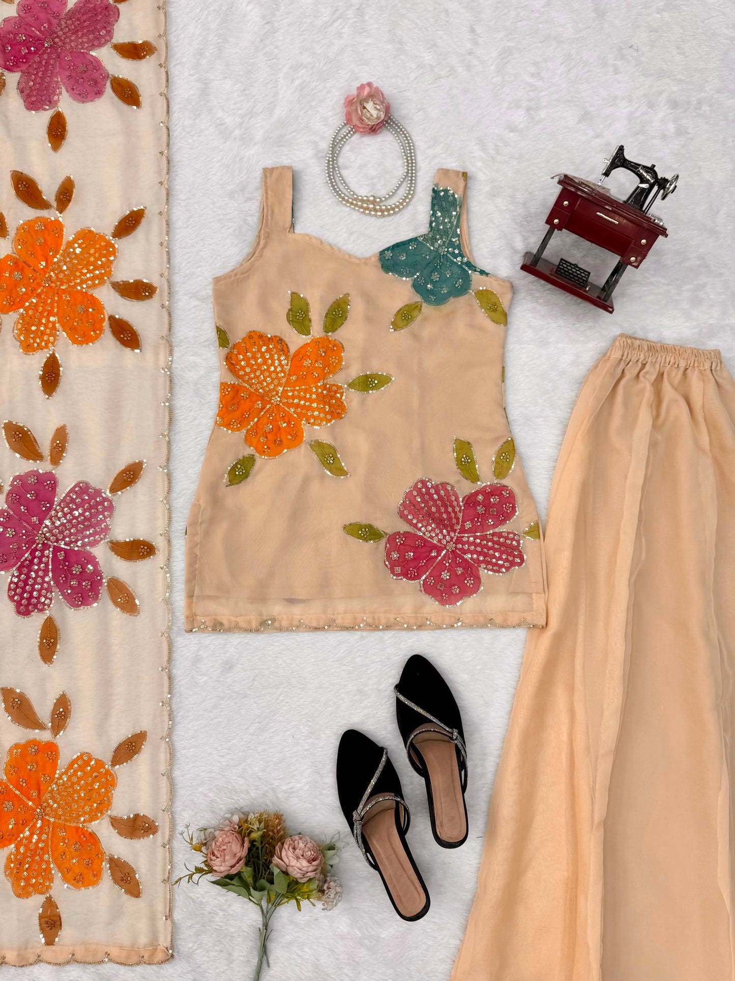 Premium Tibby Organza Silk Brush Print Palazzo Set With Dupatta
